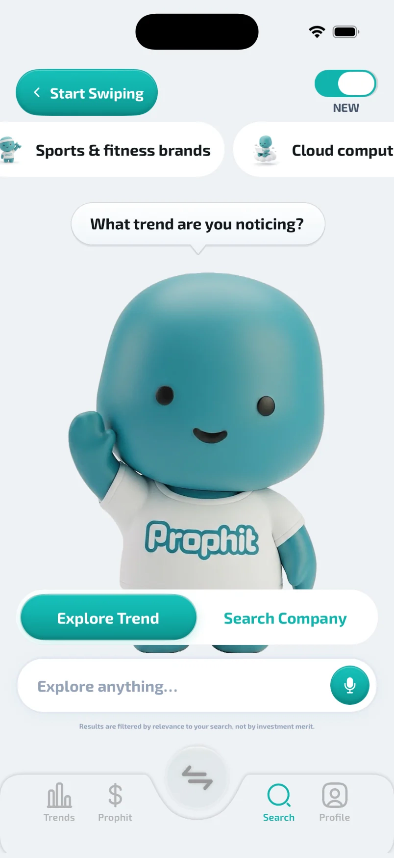 Prophit Search screen with Pete asking what trend you notice